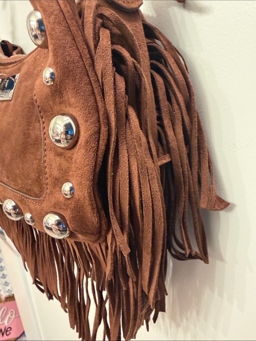 NWT-VIRAL True Religion Brown Suede Fringe Shoulder Bag with Stud Accents. - Picture 4 of 16